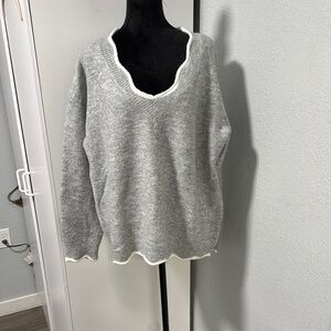 Elegant Gray V-Neck Sweater with White Trim